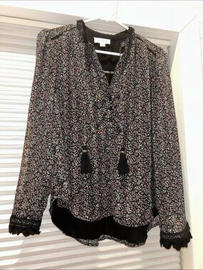 Allison New York | Black Floral Sheer Long Sleeve Blouse | Tassel Tie | Size S